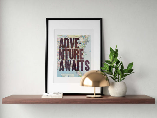 Adventure Awaits - 8x10 Letterpress print on map in display
