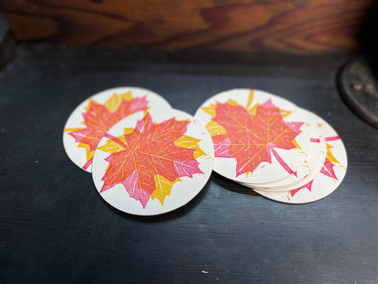 Fall foliage letterpress coaster set with leaves