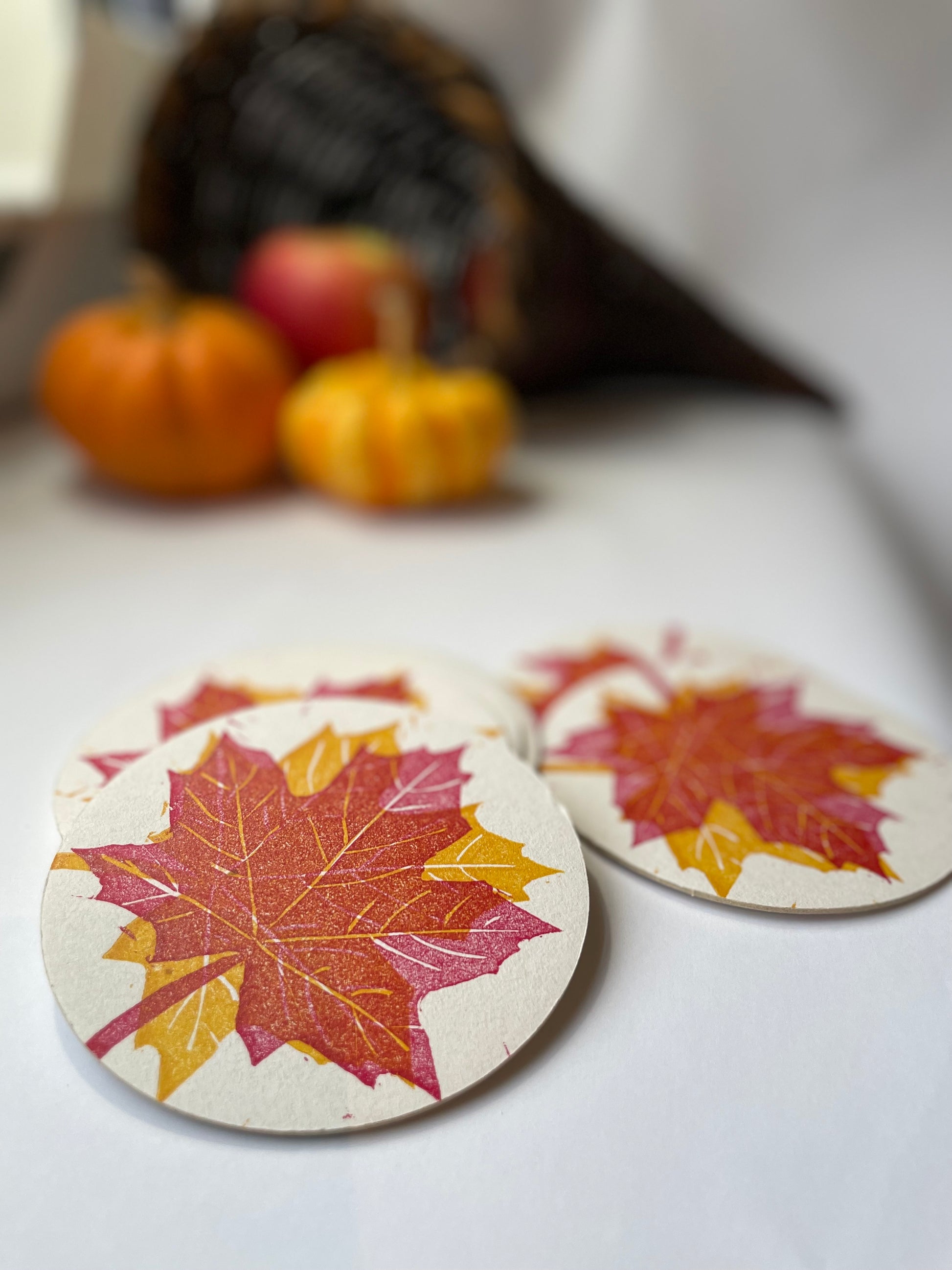 Fall foliage letterpress coaster set with leaves