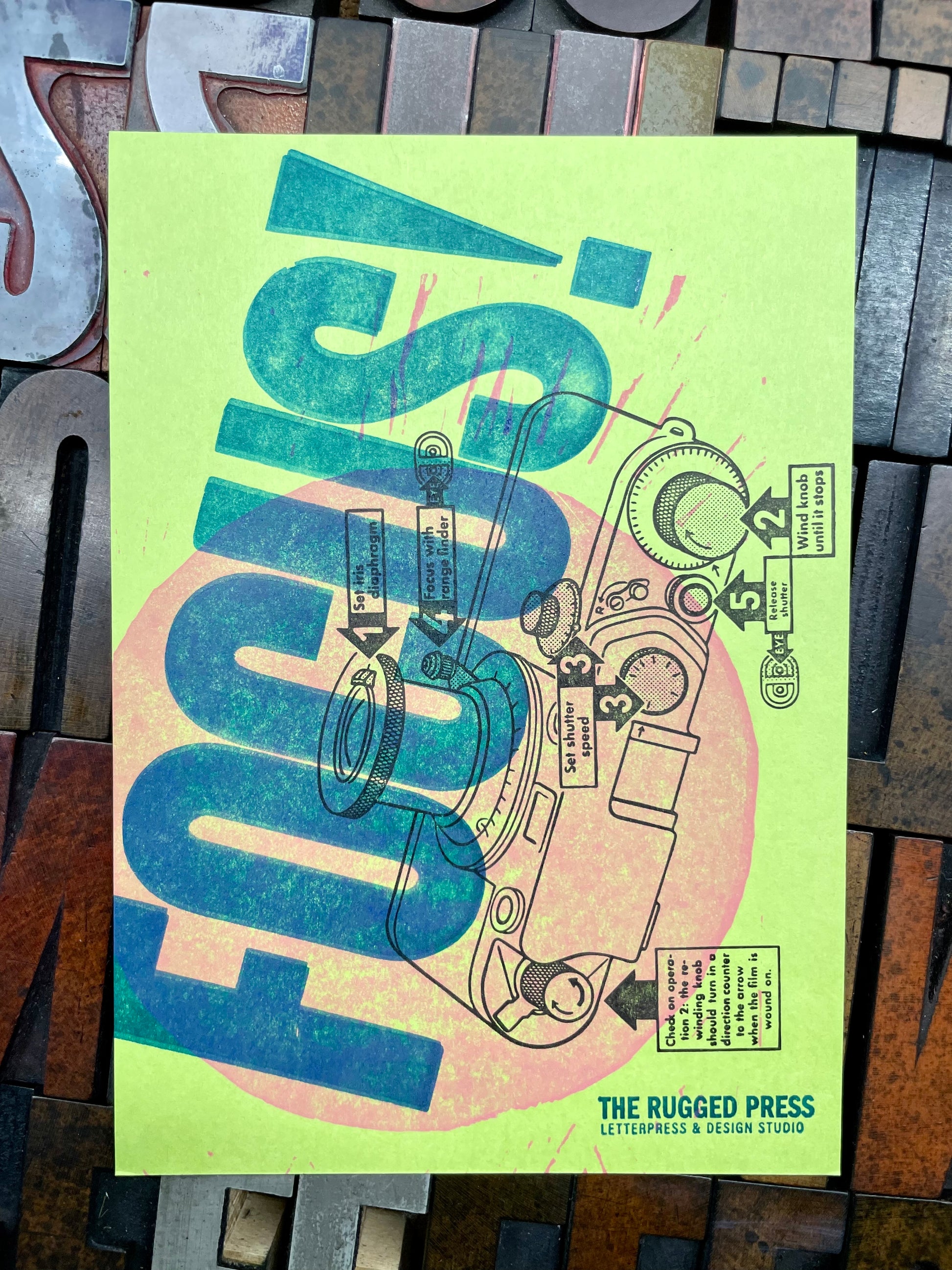 Focus - 5x7in letterpress print of antique camera