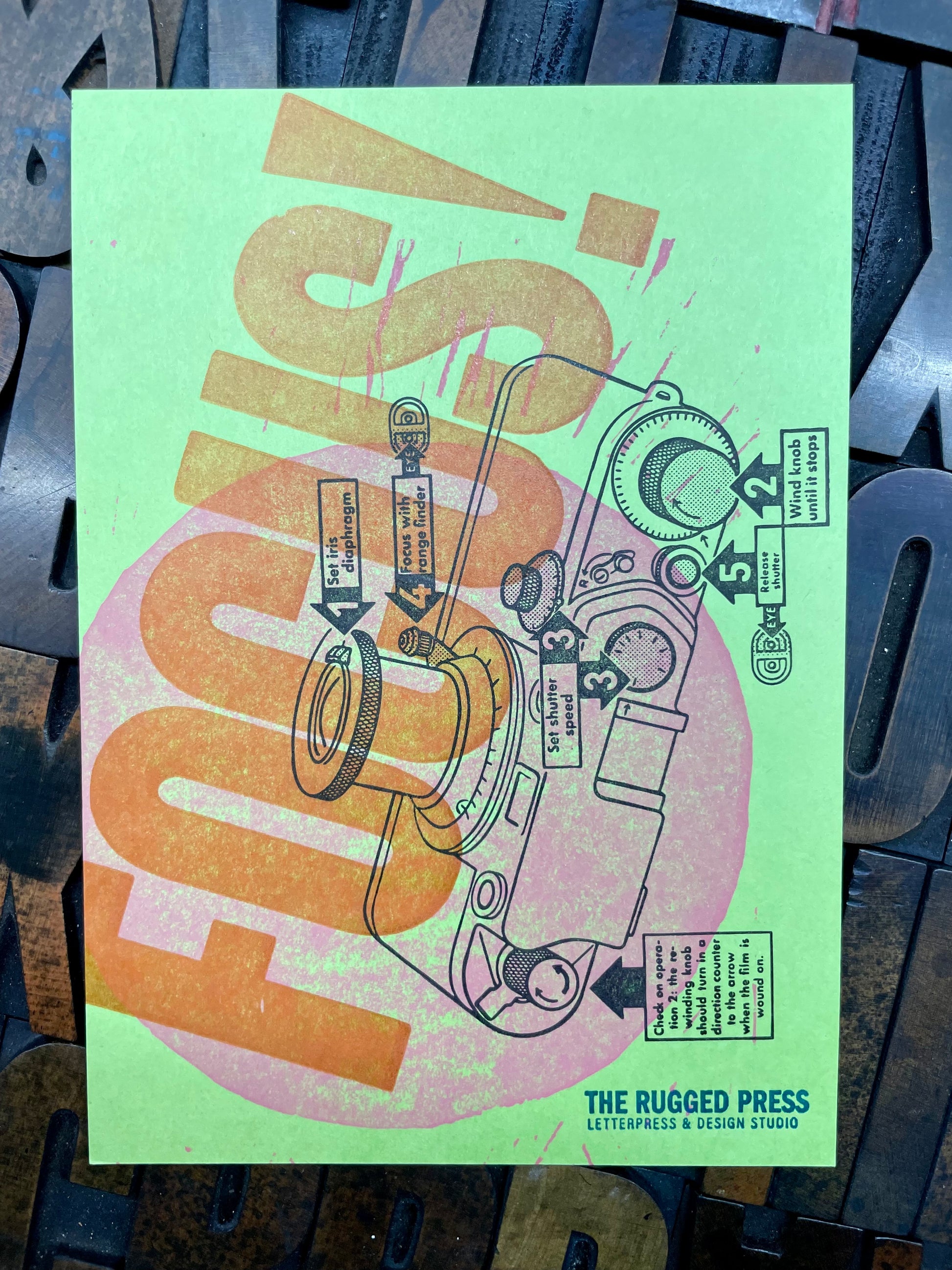 Focus - 5x7in letterpress print of antique camera
