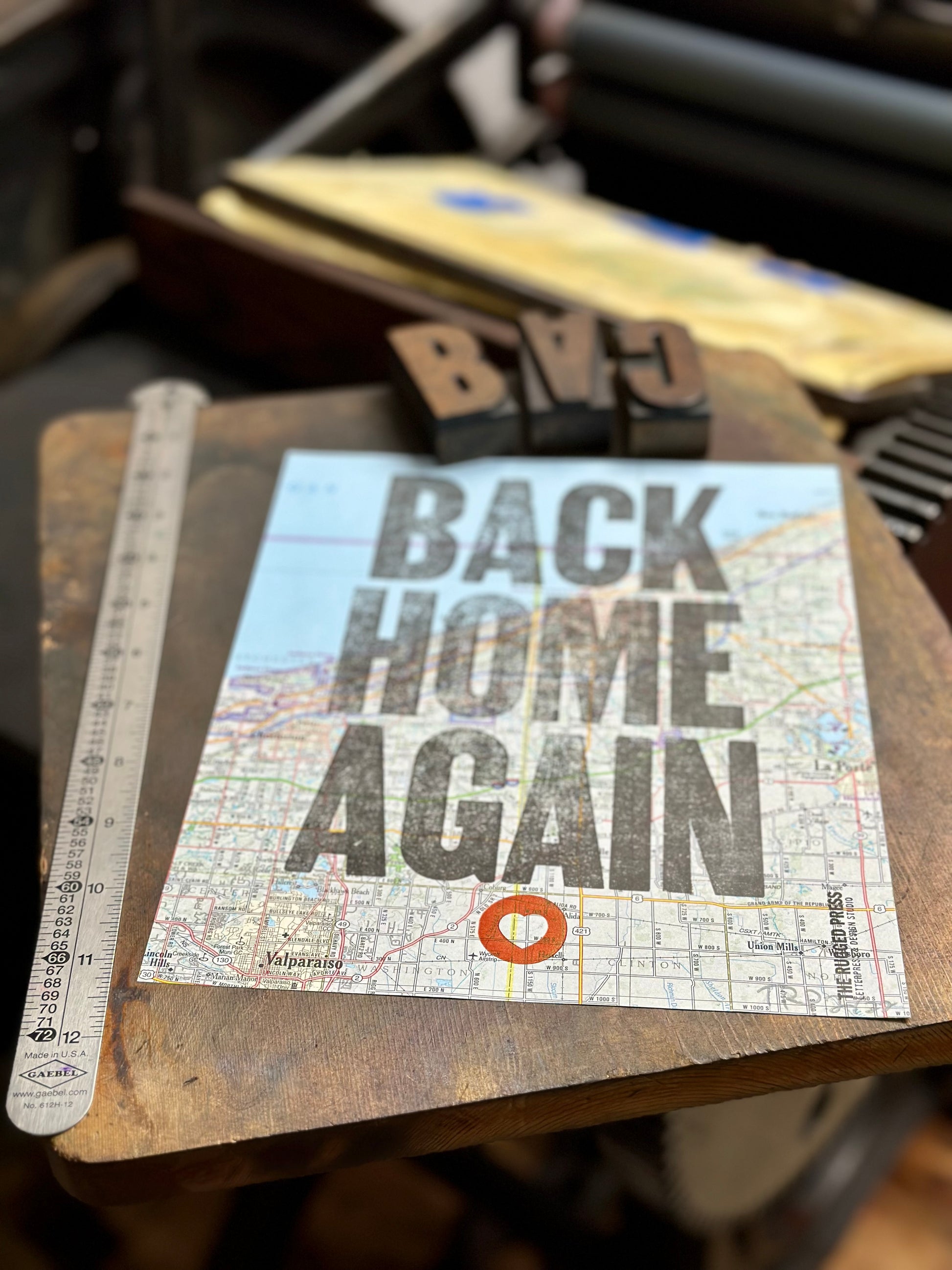 Back Home Again - 8x10 Letterpress print on road map