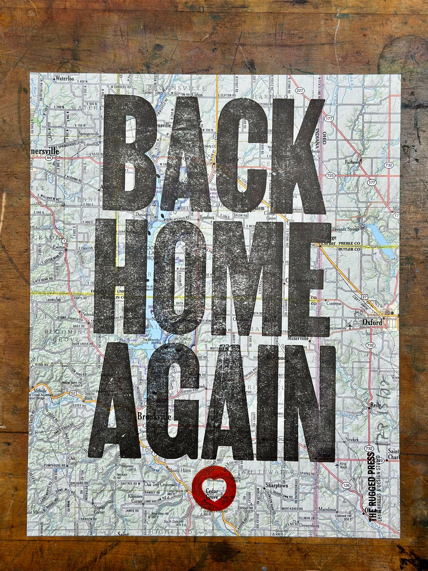 Back Home Again - 8x10 Letterpress print on road map