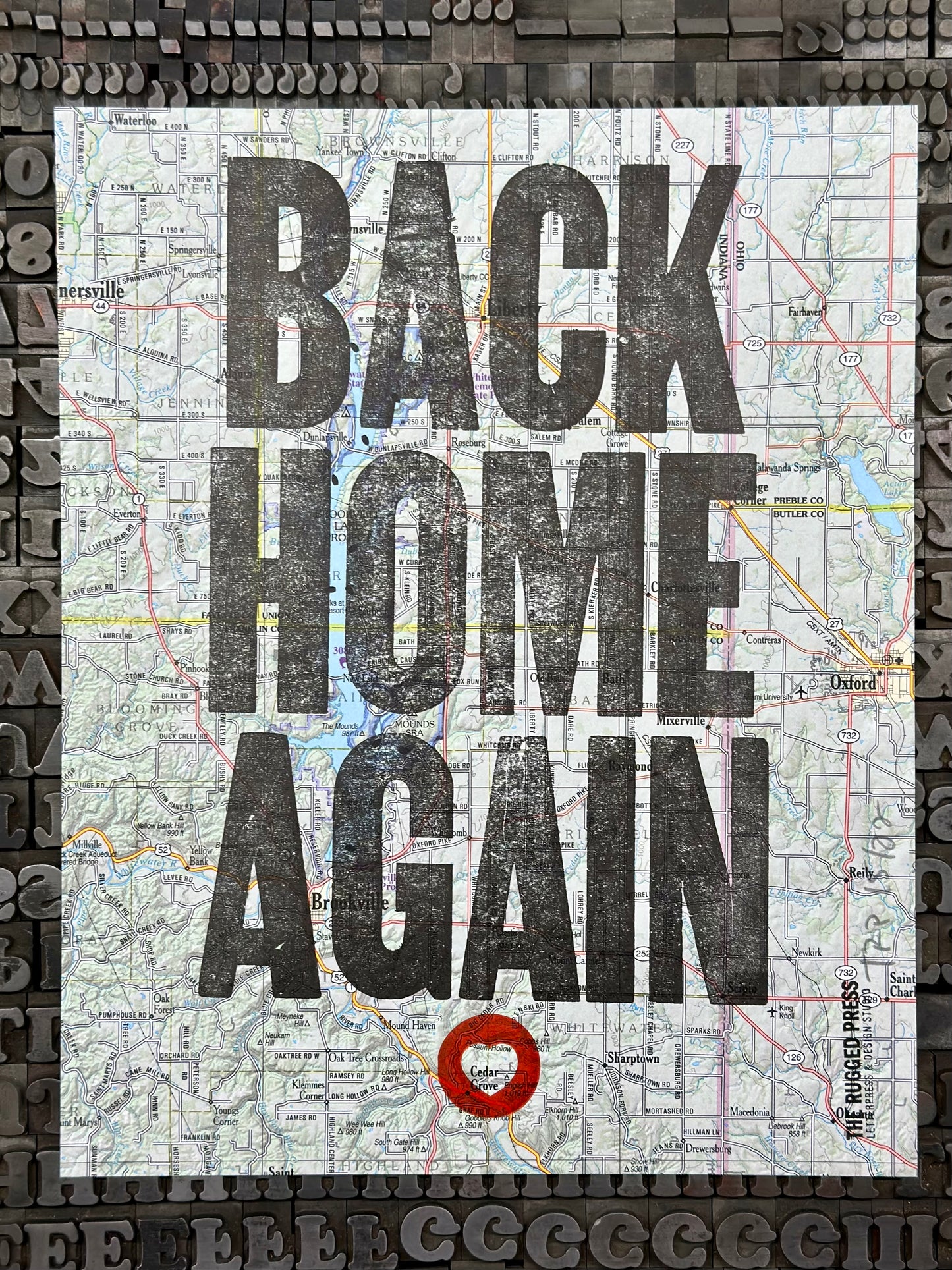 Back Home Again - 8x10 Letterpress print on road map