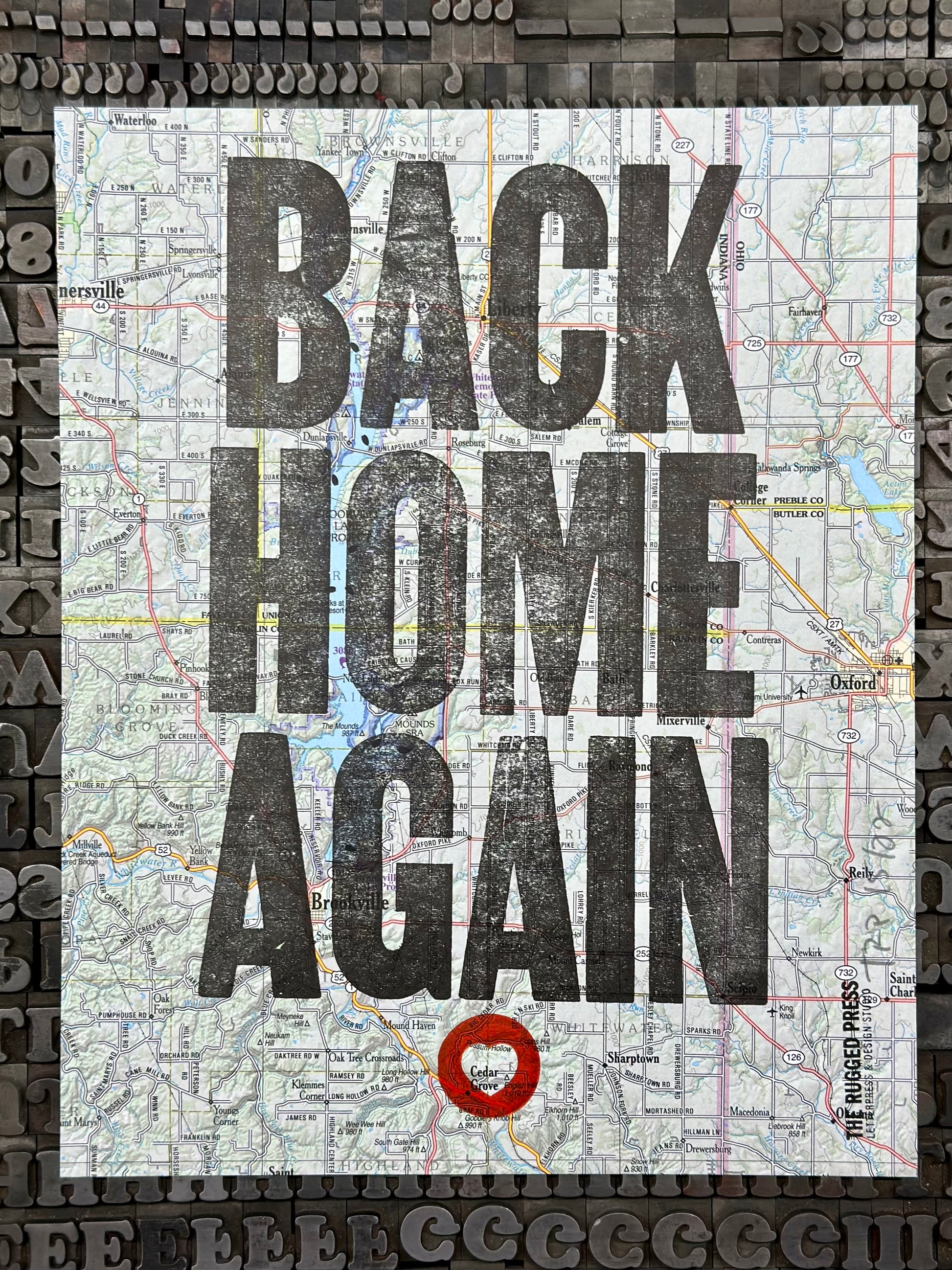 Back Home Again - 8x10 Letterpress print on road map