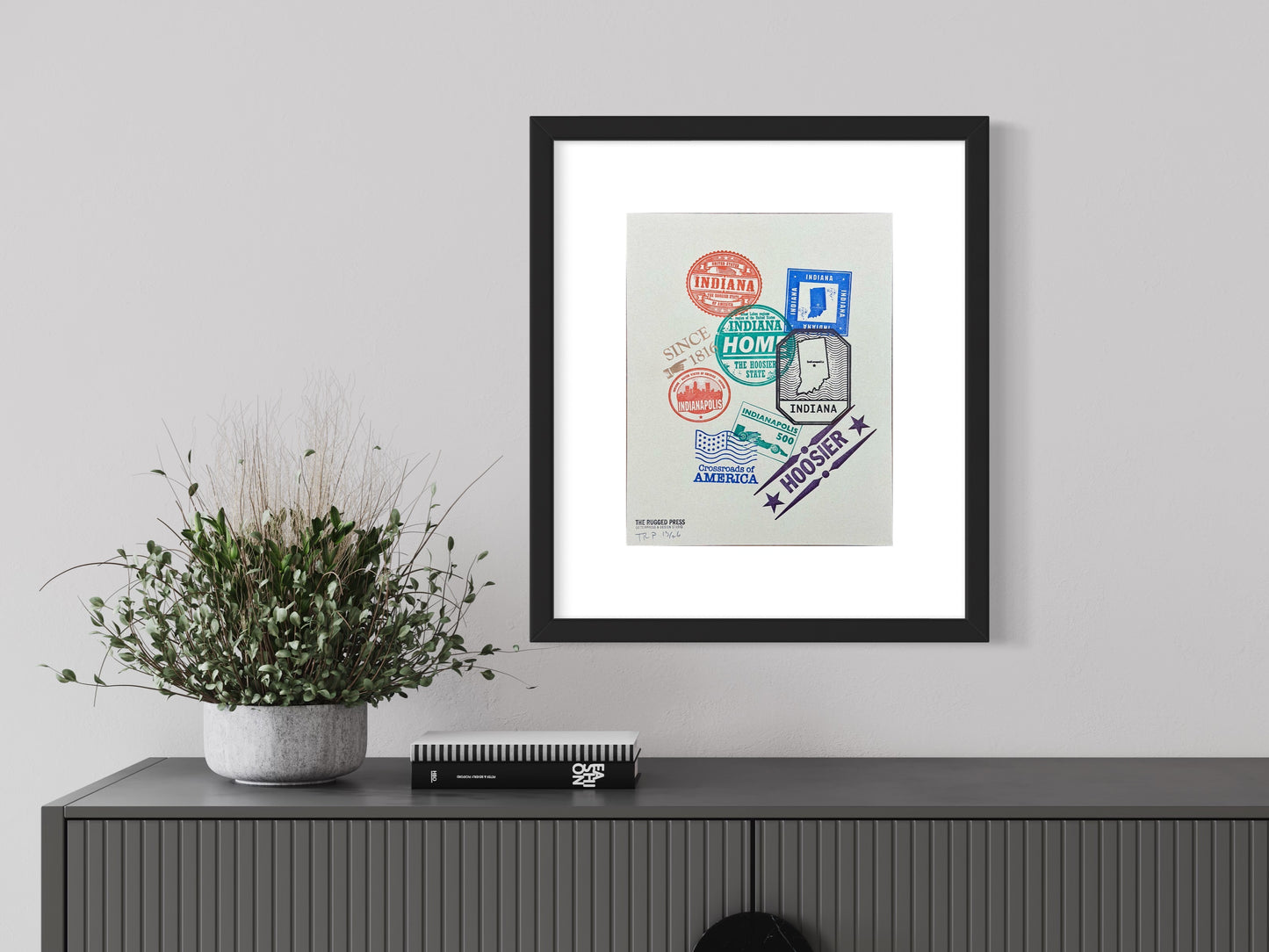 Passport to Indiana print in living room
