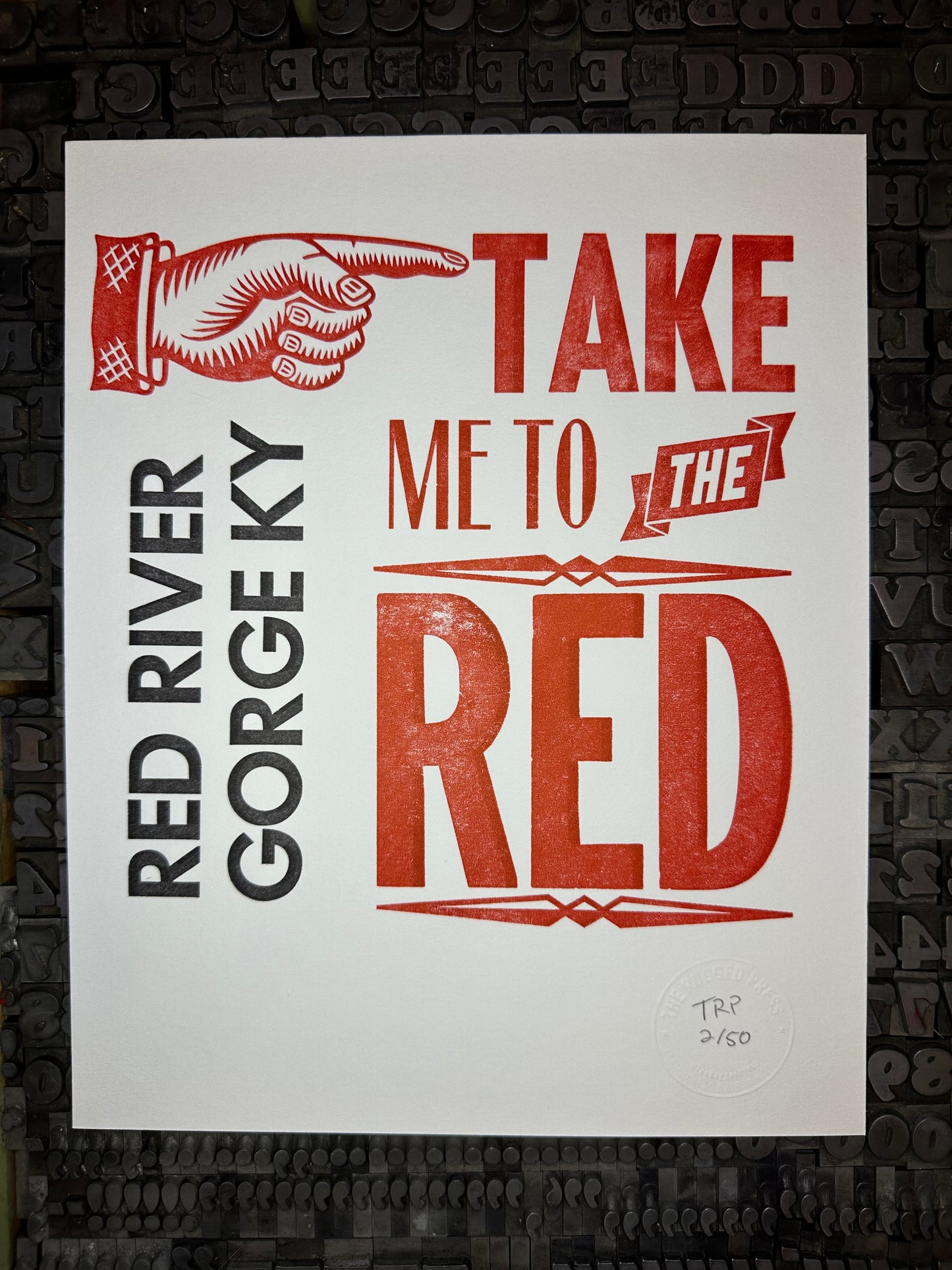 Take me to the Red  Handmade Letterpress Art print - Unframed View - White paper