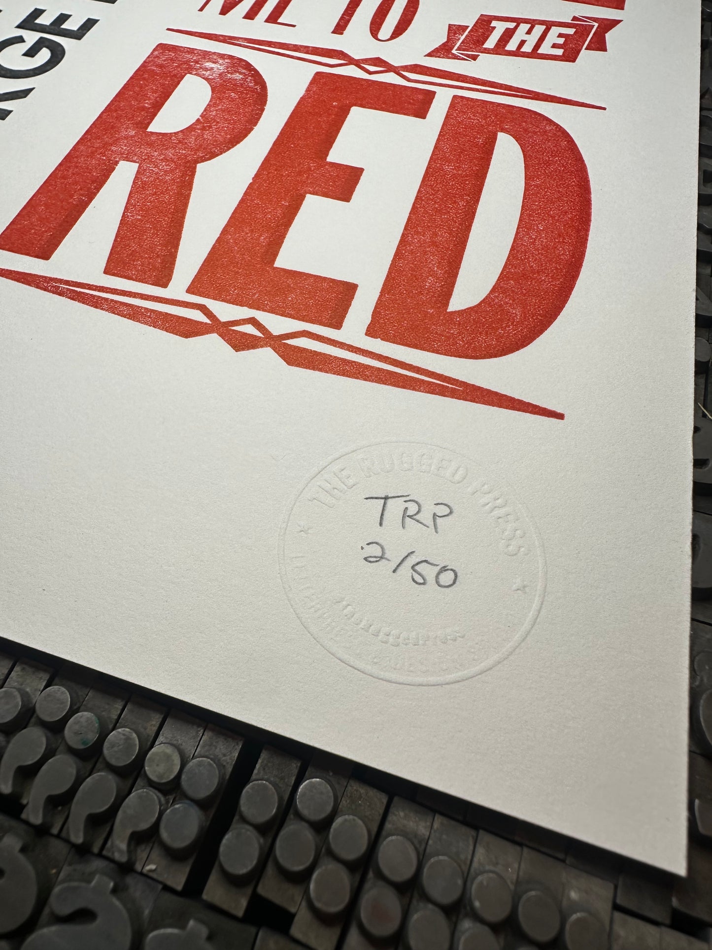 Take me to the Red  Handmade Letterpress Art print - Unframed  detail view - on white paper