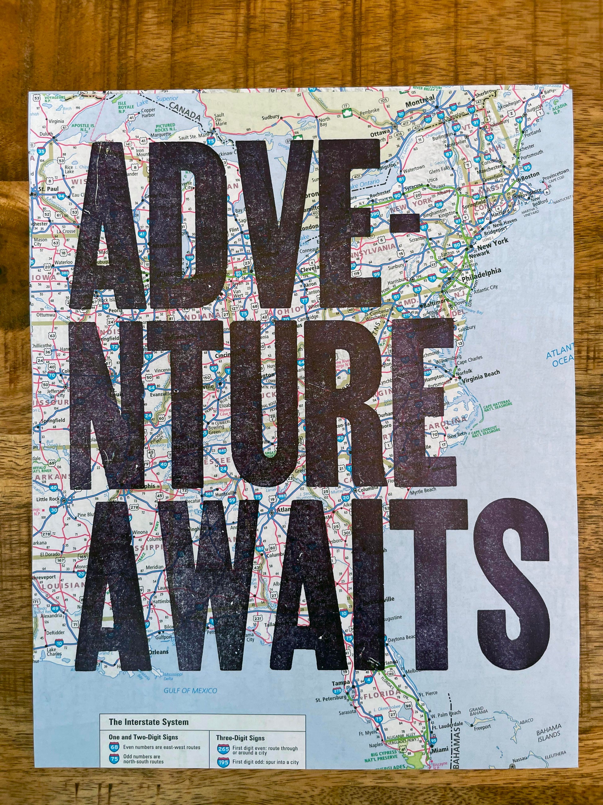 Adventure Awaits - 8x10 Letterpress print on road map