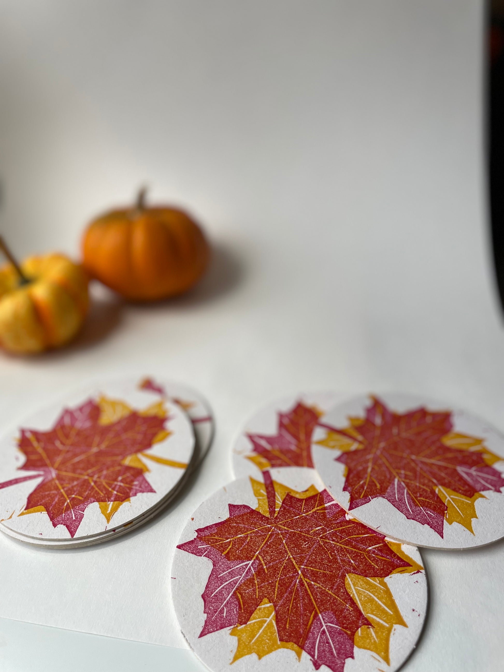 Fall foliage letterpress coaster set with leaves