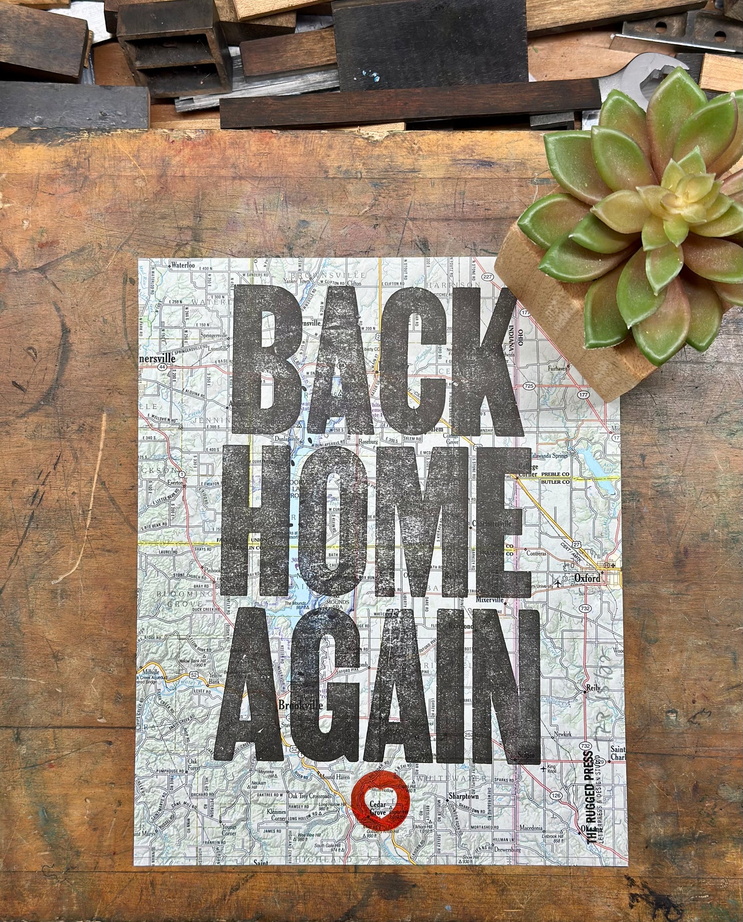 Back Home Again - 8x10 Letterpress print on road map