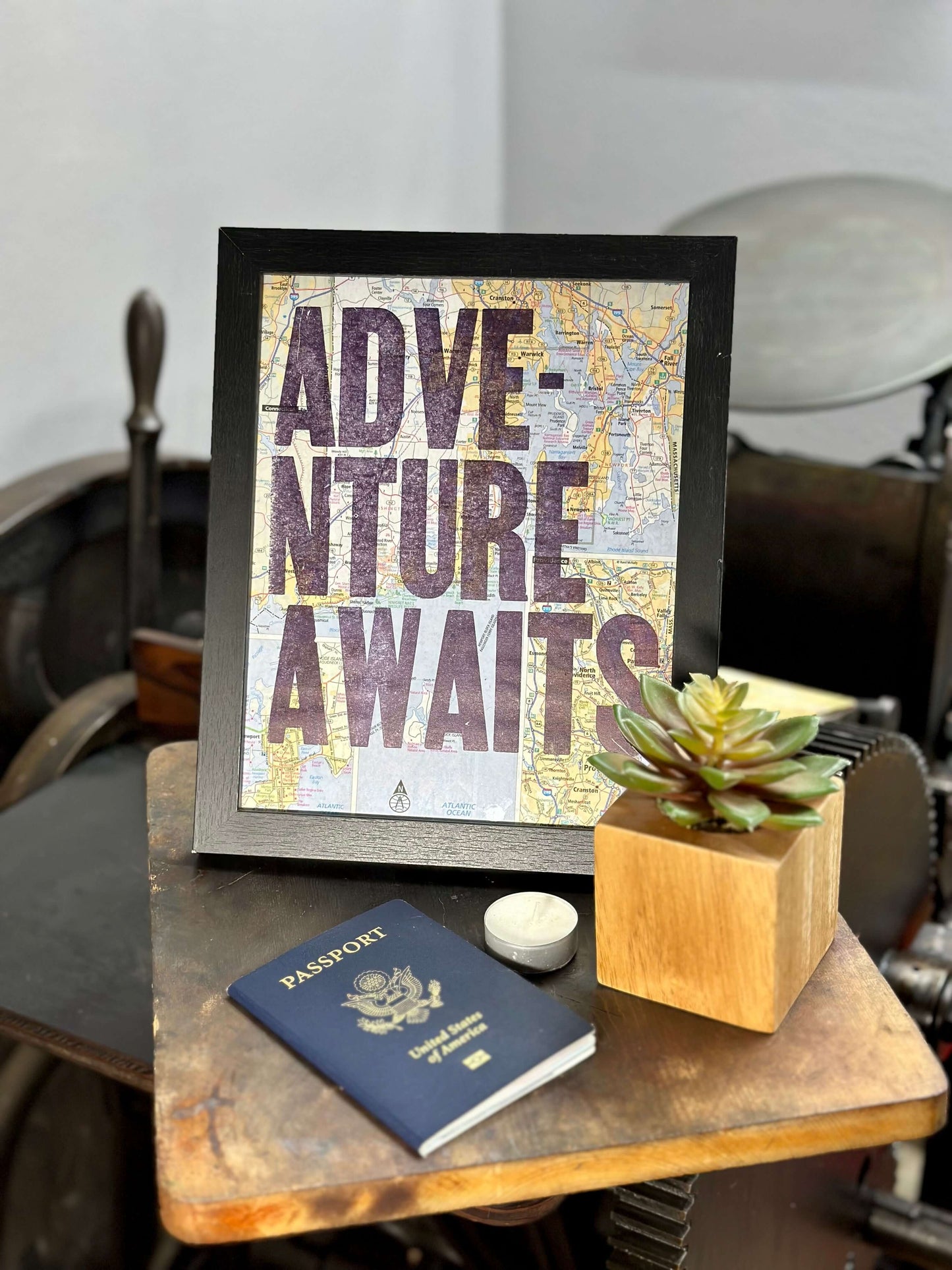 Adventure Awaits - 8x10 Letterpress print on road map displayed with passport